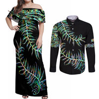 New Zealand Couples Matching Off Shoulder Maxi Dress and Long Sleeve Button Shirt Aotearoa Silver Fern Mixed Papua Shell Green Vibe LT9 - Wonder Print Shop