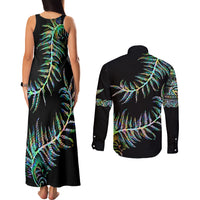 New Zealand Couples Matching Tank Maxi Dress and Long Sleeve Button Shirt Aotearoa Silver Fern Mixed Papua Shell Green Vibe LT9 - Wonder Print Shop