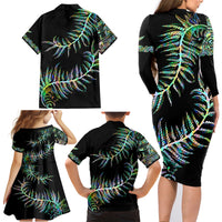 New Zealand Family Matching Long Sleeve Bodycon Dress and Hawaiian Shirt Aotearoa Silver Fern Mixed Papua Shell Green Vibe LT9 - Wonder Print Shop