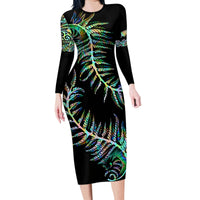 New Zealand Family Matching Long Sleeve Bodycon Dress and Hawaiian Shirt Aotearoa Silver Fern Mixed Papua Shell Green Vibe LT9 - Wonder Print Shop