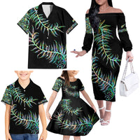 New Zealand Family Matching Off Shoulder Long Sleeve Dress and Hawaiian Shirt Aotearoa Silver Fern Mixed Papua Shell Green Vibe - Wonder Print Shop