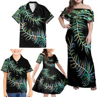 New Zealand Family Matching Off Shoulder Maxi Dress and Hawaiian Shirt Aotearoa Silver Fern Mixed Papua Shell Green Vibe LT9 - Wonder Print Shop