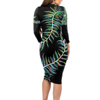 New Zealand Long Sleeve Bodycon Dress Aotearoa Silver Fern Mixed Papua Shell Green Vibe - Wonder Print Shop