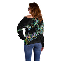 New Zealand Off Shoulder Sweater Aotearoa Silver Fern Mixed Papua Shell Green Vibe - Wonder Print Shop