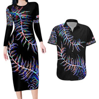 New Zealand Couples Matching Long Sleeve Bodycon Dress and Hawaiian Shirt Aotearoa Silver Fern Mixed Papua Shell Purple Vibe LT9 - Wonder Print Shop