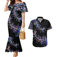 New Zealand Couples Matching Mermaid Dress and Hawaiian Shirt Aotearoa Silver Fern Mixed Papua Shell Purple Vibe LT9 - Wonder Print Shop