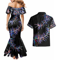 New Zealand Couples Matching Mermaid Dress and Hawaiian Shirt Aotearoa Silver Fern Mixed Papua Shell Purple Vibe LT9 - Wonder Print Shop