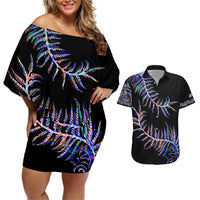 New Zealand Couples Matching Off Shoulder Short Dress and Hawaiian Shirt Aotearoa Silver Fern Mixed Papua Shell Purple Vibe LT9 - Wonder Print Shop