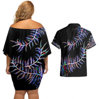 New Zealand Couples Matching Off Shoulder Short Dress and Hawaiian Shirt Aotearoa Silver Fern Mixed Papua Shell Purple Vibe LT9 - Wonder Print Shop