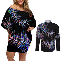 New Zealand Couples Matching Off Shoulder Short Dress and Long Sleeve Button Shirt Aotearoa Silver Fern Mixed Papua Shell Purple Vibe LT9 - Wonder Print Shop