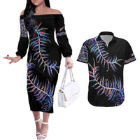 New Zealand Couples Matching Off The Shoulder Long Sleeve Dress and Hawaiian Shirt Aotearoa Silver Fern Mixed Papua Shell Purple Vibe LT9 - Wonder Print Shop