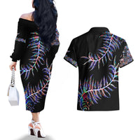 New Zealand Couples Matching Off The Shoulder Long Sleeve Dress and Hawaiian Shirt Aotearoa Silver Fern Mixed Papua Shell Purple Vibe LT9 - Wonder Print Shop