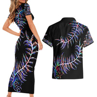 New Zealand Couples Matching Short Sleeve Bodycon Dress and Hawaiian Shirt Aotearoa Silver Fern Mixed Papua Shell Purple Vibe LT9 - Wonder Print Shop