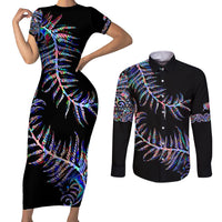 New Zealand Couples Matching Short Sleeve Bodycon Dress and Long Sleeve Button Shirt Aotearoa Silver Fern Mixed Papua Shell Purple Vibe LT9 - Wonder Print Shop