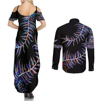 New Zealand Couples Matching Summer Maxi Dress and Long Sleeve Button Shirt Aotearoa Silver Fern Mixed Papua Shell Purple Vibe LT9 - Wonder Print Shop