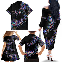 New Zealand Family Matching Off Shoulder Long Sleeve Dress and Hawaiian Shirt Aotearoa Silver Fern Mixed Papua Shell Purple Vibe - Wonder Print Shop