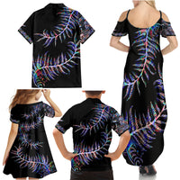 New Zealand Family Matching Summer Maxi Dress and Hawaiian Shirt Aotearoa Silver Fern Mixed Papua Shell Purple Vibe - Wonder Print Shop