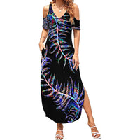 New Zealand Family Matching Summer Maxi Dress and Hawaiian Shirt Aotearoa Silver Fern Mixed Papua Shell Purple Vibe - Wonder Print Shop