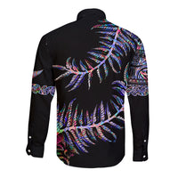 New Zealand Long Sleeve Button Shirt Aotearoa Silver Fern Mixed Papua Shell Purple Vibe - Wonder Print Shop
