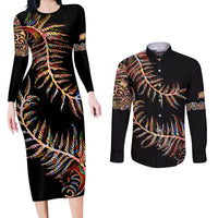 New Zealand Couples Matching Long Sleeve Bodycon Dress and Long Sleeve Button Shirt Aotearoa Silver Fern Mixed Papua Shell Red Vibe LT9 - Wonder Print Shop
