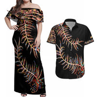 New Zealand Couples Matching Off Shoulder Maxi Dress and Hawaiian Shirt Aotearoa Silver Fern Mixed Papua Shell Red Vibe LT9 - Wonder Print Shop