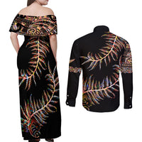 New Zealand Couples Matching Off Shoulder Maxi Dress and Long Sleeve Button Shirt Aotearoa Silver Fern Mixed Papua Shell Red Vibe LT9 - Wonder Print Shop