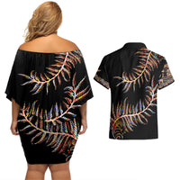New Zealand Couples Matching Off Shoulder Short Dress and Hawaiian Shirt Aotearoa Silver Fern Mixed Papua Shell Red Vibe LT9 - Wonder Print Shop