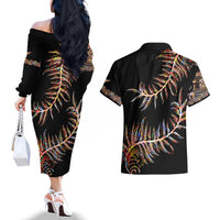 New Zealand Couples Matching Off The Shoulder Long Sleeve Dress and Hawaiian Shirt Aotearoa Silver Fern Mixed Papua Shell Red Vibe LT9 - Wonder Print Shop