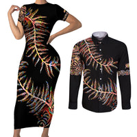 New Zealand Couples Matching Short Sleeve Bodycon Dress and Long Sleeve Button Shirt Aotearoa Silver Fern Mixed Papua Shell Red Vibe LT9 - Wonder Print Shop