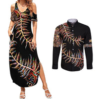 New Zealand Couples Matching Summer Maxi Dress and Long Sleeve Button Shirt Aotearoa Silver Fern Mixed Papua Shell Red Vibe LT9 - Wonder Print Shop