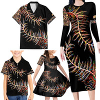 New Zealand Family Matching Long Sleeve Bodycon Dress and Hawaiian Shirt Aotearoa Silver Fern Mixed Papua Shell Red Vibe LT9 - Wonder Print Shop