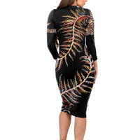 New Zealand Long Sleeve Bodycon Dress Aotearoa Silver Fern Mixed Papua Shell Red Vibe - Wonder Print Shop