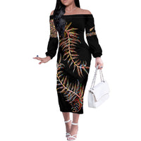 New Zealand Off The Shoulder Long Sleeve Dress Aotearoa Silver Fern Mixed Papua Shell Red Vibe - Wonder Print Shop
