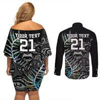 Custom New Zealand Rugby Couples Matching Off Shoulder Short Dress and Long Sleeve Button Shirt NZ Black Fern Champions History With Papua Shell LT9 - Wonder Print Shop