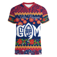 Personalised Guam Christmas Women V Neck T Shirt Felis Pusgua Santa Beach Polynesian Pattern - Wonder Print Shop