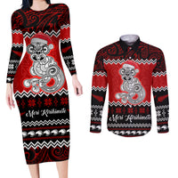 Personalised New Zealand Christmas Couples Matching Long Sleeve Bodycon Dress and Long Sleeve Button Shirt Maori Tiki Meri Kirihimete LT9 - Wonder Print Shop