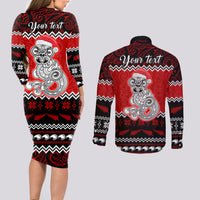 Personalised New Zealand Christmas Couples Matching Long Sleeve Bodycon Dress and Long Sleeve Button Shirt Maori Tiki Meri Kirihimete LT9 - Wonder Print Shop