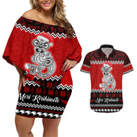 Personalised New Zealand Christmas Couples Matching Off Shoulder Short Dress and Hawaiian Shirt Maori Tiki Meri Kirihimete LT9 - Wonder Print Shop