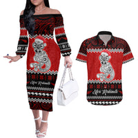 Personalised New Zealand Christmas Couples Matching Off The Shoulder Long Sleeve Dress and Hawaiian Shirt Maori Tiki Meri Kirihimete LT9 - Wonder Print Shop