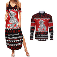 Personalised New Zealand Christmas Couples Matching Summer Maxi Dress and Long Sleeve Button Shirt Maori Tiki Meri Kirihimete LT9 - Wonder Print Shop