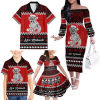 Personalised New Zealand Christmas Family Matching Off Shoulder Long Sleeve Dress and Hawaiian Shirt Maori Tiki Meri Kirihimete - Wonder Print Shop