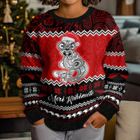 Personalised New Zealand Christmas Kid Ugly Christmas Sweater Maori Tiki Meri Kirihimete - Wonder Print Shop