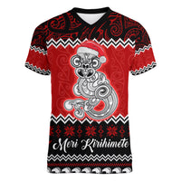 Personalised New Zealand Christmas Women V Neck T Shirt Maori Tiki Meri Kirihimete - Wonder Print Shop