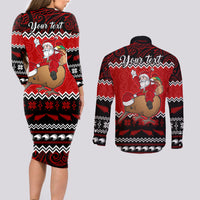 Personalised New Zealand Christmas Couples Matching Long Sleeve Bodycon Dress and Long Sleeve Button Shirt Kiwi Santa Claus Maori Meri Kirihimete LT9 - Wonder Print Shop