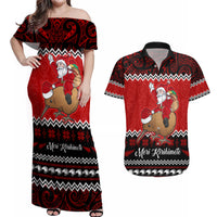 Personalised New Zealand Christmas Couples Matching Off Shoulder Maxi Dress and Hawaiian Shirt Kiwi Santa Claus Maori Meri Kirihimete LT9 - Wonder Print Shop