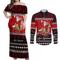 Personalised New Zealand Christmas Couples Matching Off Shoulder Maxi Dress and Long Sleeve Button Shirt Kiwi Santa Claus Maori Meri Kirihimete LT9 - Wonder Print Shop