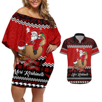 Personalised New Zealand Christmas Couples Matching Off Shoulder Short Dress and Hawaiian Shirt Kiwi Santa Claus Maori Meri Kirihimete LT9 - Wonder Print Shop