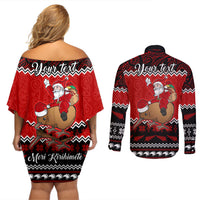 Personalised New Zealand Christmas Couples Matching Off Shoulder Short Dress and Long Sleeve Button Shirt Kiwi Santa Claus Maori Meri Kirihimete LT9 - Wonder Print Shop