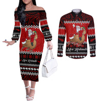 personalised-new-zealand-christmas-couples-matching-off-the-shoulder-long-sleeve-dress-and-long-sleeve-button-shirt-kiwi-santa-claus-maori-meri-kirihimete