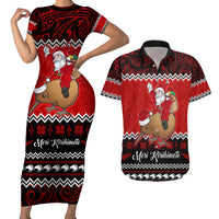 Personalised New Zealand Christmas Couples Matching Short Sleeve Bodycon Dress and Hawaiian Shirt Kiwi Santa Claus Maori Meri Kirihimete LT9 - Wonder Print Shop